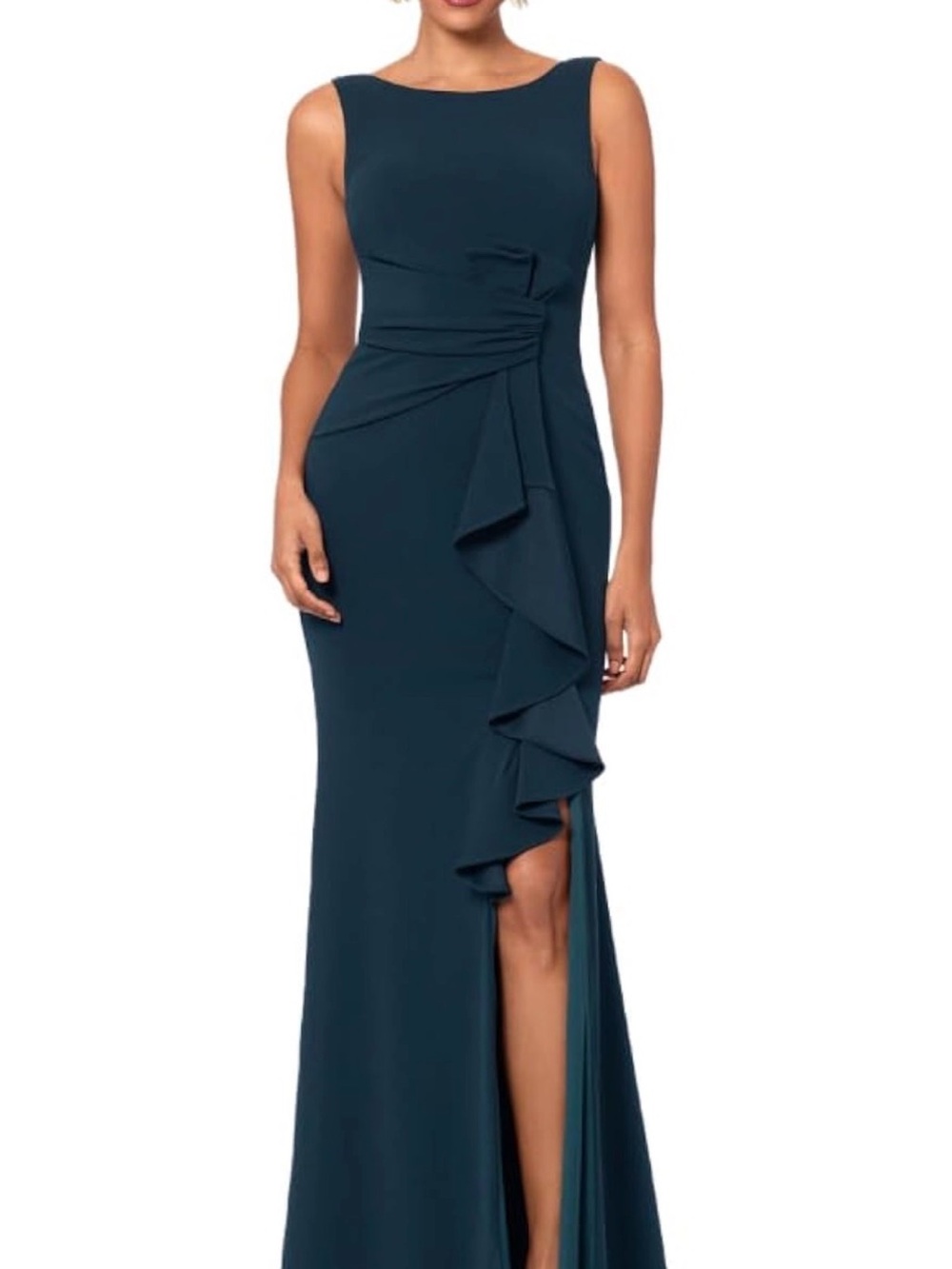 Betsy & Adam Teal Sleeveless Ruffle Side-Slit Maxi Dress